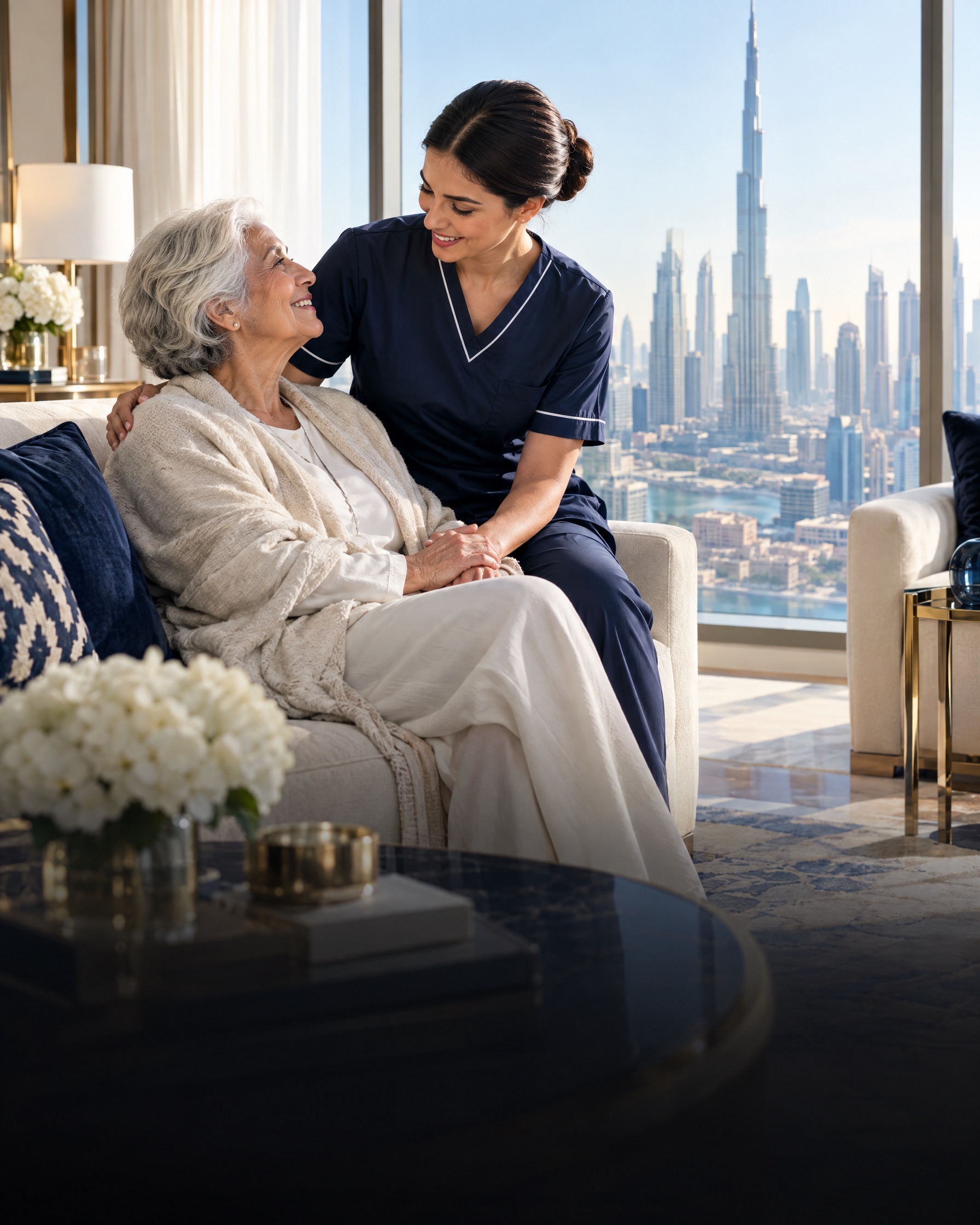 Nurse caring for a patient at home in a bright Dubai apartment