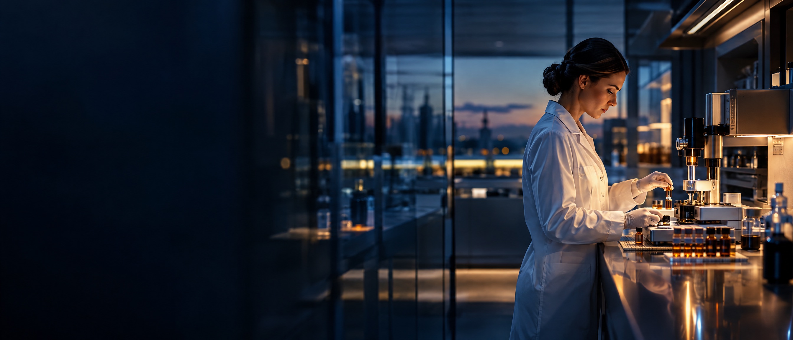 Pharmacist preparing compounded prescriptions in a modern licensed laboratory at dusk