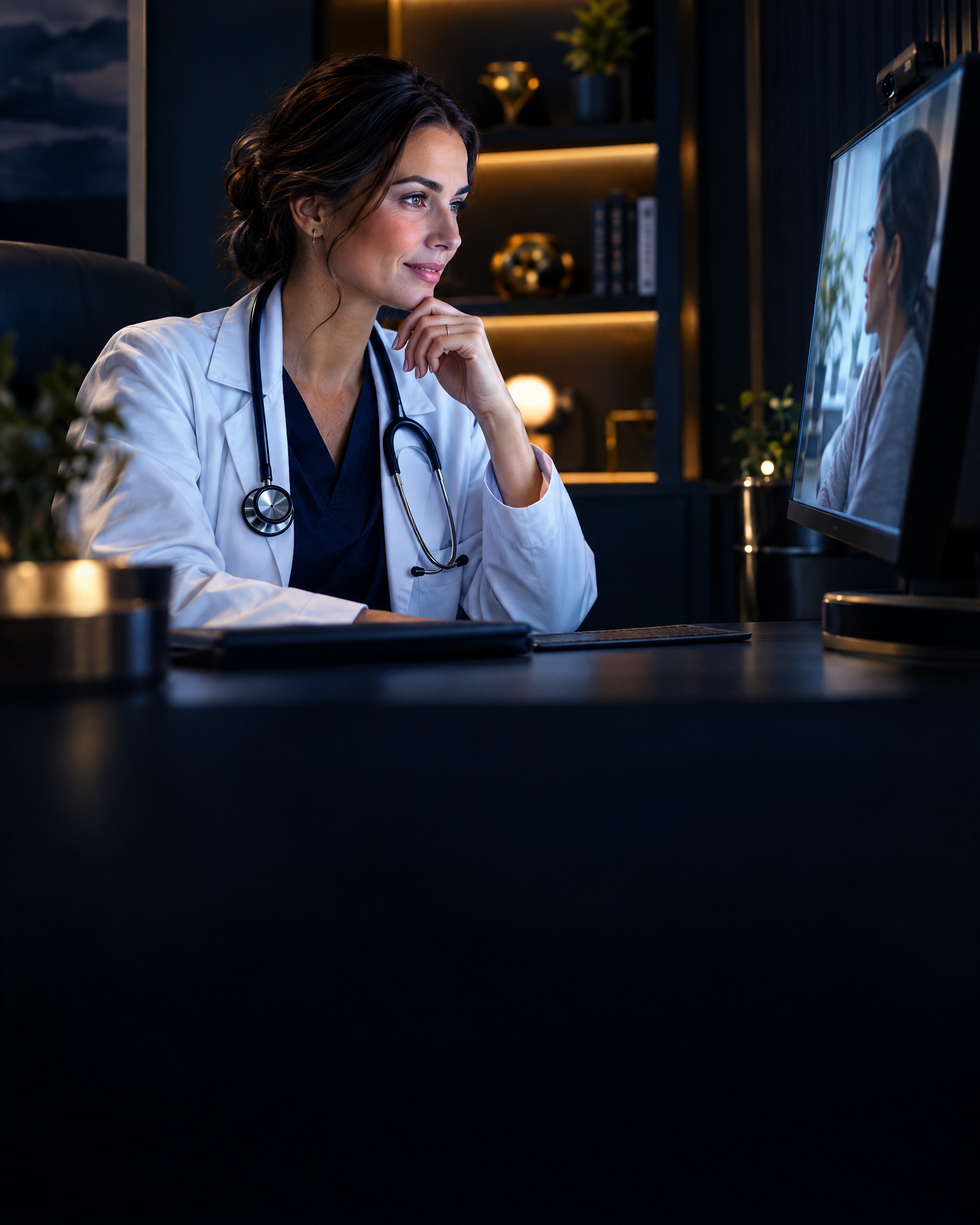 Doctor holding a telemedicine video consultation in a dark modern studio